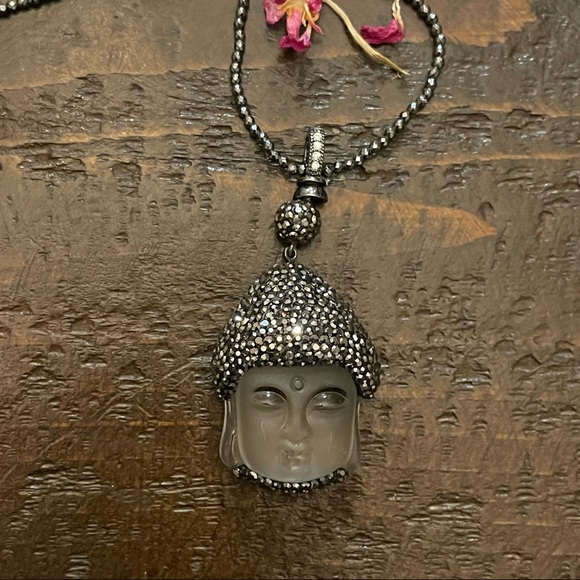 Glass Buddha pendant necklace with in pyrite/ Hematite beads. 32 inches long. - Picture 6 of 10